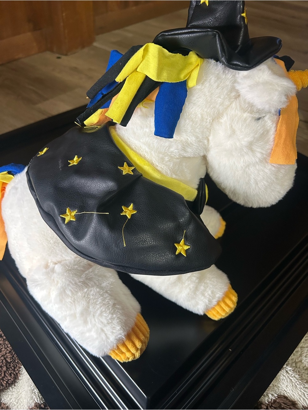 Target White Plush Unicorn in Black Star Cape with Yellow and Blue Accents